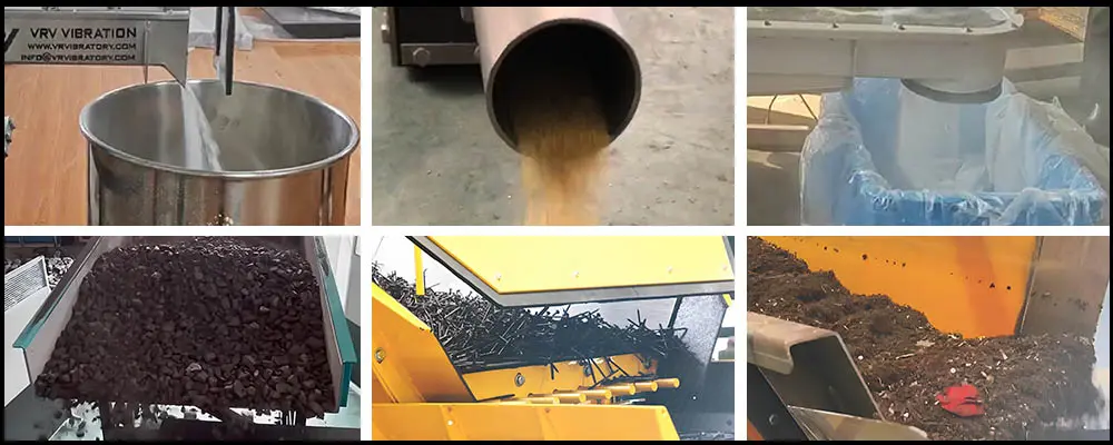 electromagnetic vibrating feeder application with various bulk materials including powder, granules, metal parts and organic materials