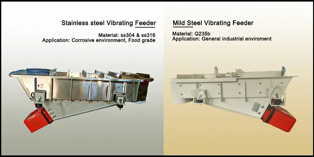 mild steel vs stainless steel electromagnetic vibrating feeder comparison with material specifications and application scenarios