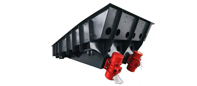 Mining vibrating feeder equipped with two vibrator motors, rear angled view